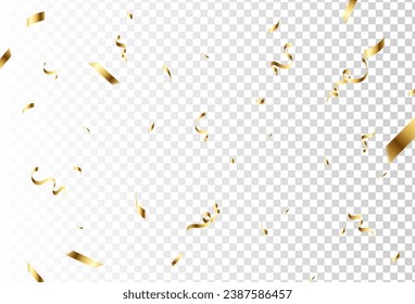 Confetti explosion on transparent background. Shiny golden paper pieces flying and spreading. small and large. vector illustration