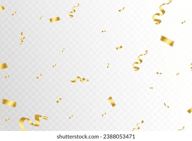 Confetti explosion on transparent background. Shiny golden paper pieces flying and spreading. small .eye illusion. vector illustration