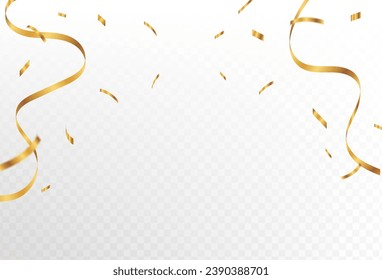 Explosión de confetti en fondo transparente. Brillantes papeles dorados volando y extendiéndose. y cinta larga. ilustración vectorial