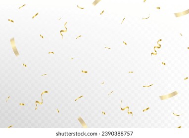 Confetti explosion on transparent background. Shiny golden paper pieces flying and spreading. small and big ribbons. curved. vector illustration