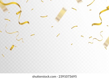 Confetti explosion on transparent background. Shiny golden paper pieces flying and spreading. blur. small and big. vector illustration