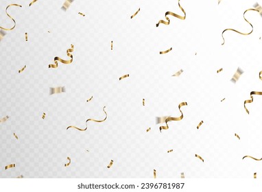 Confetti explosion on transparent background. Pieces of shiny gold paper flying and spreading. Transparent blur. Vector illustration