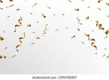 Confetti explosion on transparent background. Pieces of shiny gold paper flying and spreading. premium. vector illustration