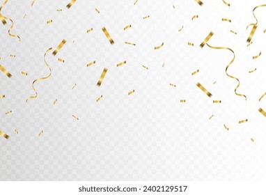 Confetti explosion on transparent background. Flying pieces of shiny gold paper