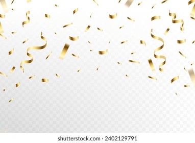 Confetti explosion on transparent background. Flying pieces of shiny gold paper .Simple design