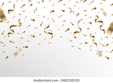 Confetti explosion on transparent background. Pieces of shiny golden paper flying around a lot. Vector illustration