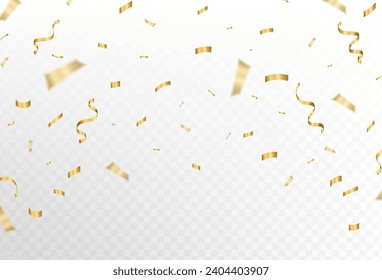 Confetti explosion on transparent background. Shiny gold paper cutouts that fly and spread. Blur. Big and small. Vector illustraction