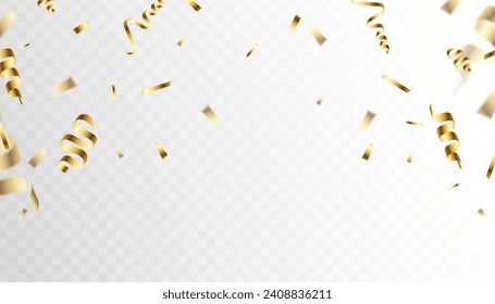 Confetti explosion on transparent background. Pieces of shiny golden paper flying and spreading. Rotating. Blur. vector illustration