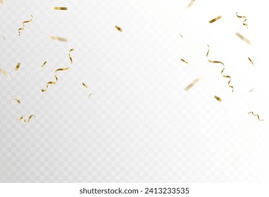 Confetti explosion on transparent background. Shiny gold paper cutouts. Spaced out. Vector illustration