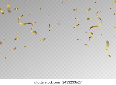 Confetti explosion on transparent background. Pieces of shiny gold paper. from top down to bottom. Vector illustration