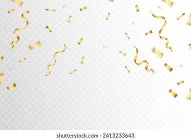 Confetti explosion on transparent background. Pieces of shiny gold paper. thick and thin. Vector illustration