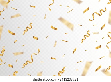 Confetti explosion on transparent background. Shiny gold paper cutout. small and thick, blur. Vector illustration