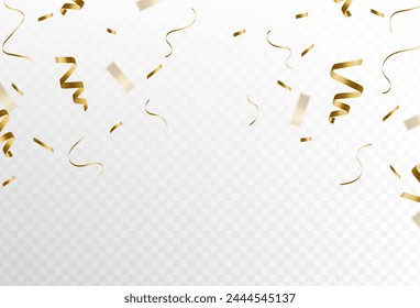 Explosión de confeti sobre un fondo transparente. Brillantes piezas de papel dorado brillantes vuelan y se extienden alrededor. Moderno	
