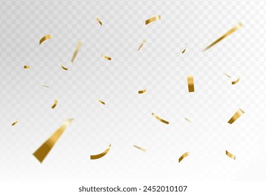 Confetti explosion on transparent background. Pieces of shiny gold paper flying and spreading. rotating ,simple design eps 10