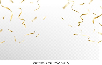 Confetti explosion on a transparent background. Shiny shiny golden paper pieces fly and spread around. vector illustration	
