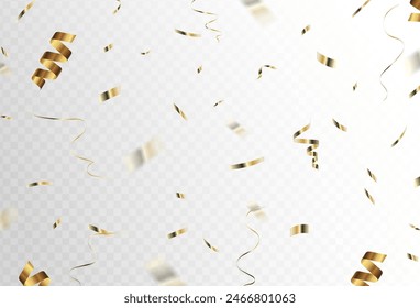 Confetti explosion on transparent background. Shiny golden paper pieces flying and spreading. small and big ribbons. curved. eps 10