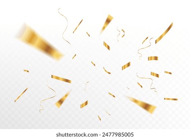 Confetti explosion on transparent background. Pieces of shiny gold paper flying and spreading. rotating ,zoom, simple design, eps 10