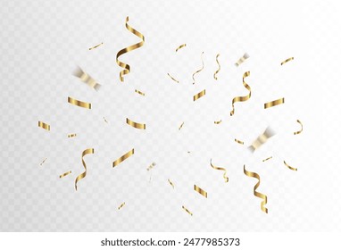 Confetti explosion on transparent background. Pieces of shiny gold paper flying and spreading. rotating ,colorful gold, ,simple design eps 10