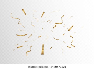 Confetti explosion on transparent background. Pieces of shiny gold paper flying and spreading. rotating ,simple design, vector, eps 10