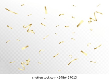 Konfetti-Explosion auf transparentem Hintergrund. Glänzendes Goldpapier, das fliegt und sich ausbreitet. klein und groß. Vektorgrafik, eps 10