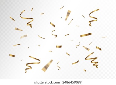 Confetti explosion on transparent background. Pieces of shiny gold paper flying and spreading. rotating ,colorful gold, ,simple design eps 10