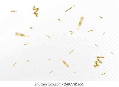 Confetti explosion on transparent background. Pieces of shiny gold paper flying and spreading. rotating ,simple design. Minimalist. Vector . Eps 10