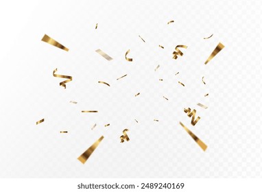 Confetti explosion on transparent background. Pieces of shiny gold paper flying and spreading. rotating . Eps 10