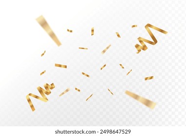 Confetti explosion on transparent background. Pieces of shiny gold paper flying and spreading. rotating ,simple design .wavy.eps 10