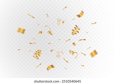 Confetti explosion on a transparent background. Shiny shiny golden paper pieces fly and spread around.super premium. vector illustration