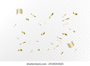 Konfettiexplosion auf transparentem Hintergrund. Teile aus glänzendem goldenen Papier fliegen und streuen. rotierendes, buntes Gold, kleines, einfaches Design eps 10