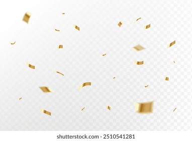 Konfettiexplosion auf transparentem Hintergrund. Stücke von glänzendem Goldpapier fliegen und streuen.buntes Gold, einfaches Design eps 10