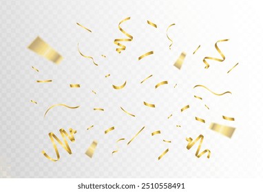 Confetti explosion on transparent background. Pieces of shiny gold paper flying and spreading. rotating ,colorful gold, Stacking,eps 10