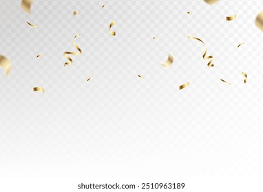 Explosión de confeti sobre fondo transparente. Piezas de papel dorado brillante volando y extendiéndose. oro rotativo, colorido, minimalista, desenfoque, diseño simple eps 10