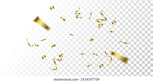 Confetti explosion on transparent background. Pieces of shiny gold paper flying and spreading. rotating ,colorful gold, trendy,simple design eps 10