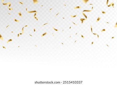 Konfettiexplosion auf transparentem Hintergrund. Teile aus glänzendem goldenen Papier fliegen und streuen. rotierendes, buntes Gold, weiches buntes Gold, einfaches Design eps 10