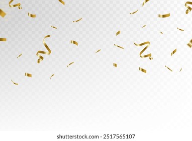 Explosão de confete em um fundo transparente. Peças de papel brilhante brilhante dourado voam e se espalham ao redor. ilustração vetorial	, eps 10