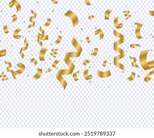Confetti explosion on transparent background. Pieces of shiny gold paper flying and spreading. rotating, colourful gold, simple design eps 10, Gold confetti and ribbon streamers falling.