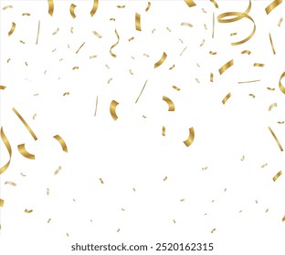 Confetti explosion on transparent background. Shiny golden paper pieces flying and spreading. small and big ribbons. curved. vector illustration, Grand opening card design with gold scissors, ribbons.