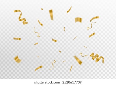 Confetti explosion on transparent background. Pieces of shiny gold paper flying and spreading. rotating ,colorful gold, zoom effect,trendy,simple design eps 10