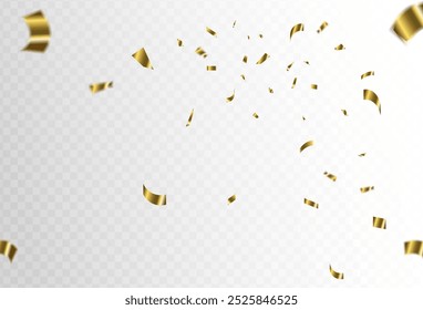 Explosión de confeti sobre un fondo transparente. Brillantes piezas de papel dorado vuelan y se extienden alrededor. Ilustración vectorial, colorido
