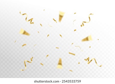 Konfettiexplosion auf transparentem Hintergrund. Teile aus glänzendem goldenen Papier fliegen und streuen. rotierendes, buntes Gold, einfaches Design, Zoomeffekt, eps 10