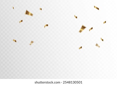 Explosão de confete em um fundo transparente. Peças de papel brilhante brilhante dourado voam e se espalham ao redor. ilustração vetorial.eps 10