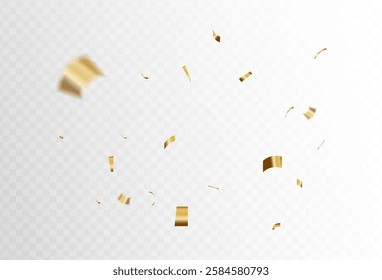 Confetti explosion on transparent background. Shiny golden paper pieces flying and spreading. small and big ribbons. simple design. illustration	
