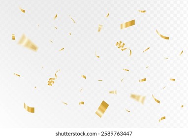 Confetti explosion on transparent background. Shiny golden paper pieces flying and spreading. small and big ribbons. curved. vector illustration,eps 10