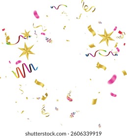 Confetti explosion on transparent background. Pieces of shiny gold paper flying colorful and spreading. rotating ,vector, eps 10