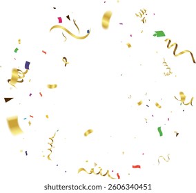 Confetti explosion on transparent background. Shiny golden paper pieces flying and spreading. small and big ribbons. curved. vector illustration