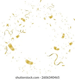 Confetti explosion on transparent background. Shiny golden paper pieces flying and spreading. small and big ribbons. curved. vector illustration