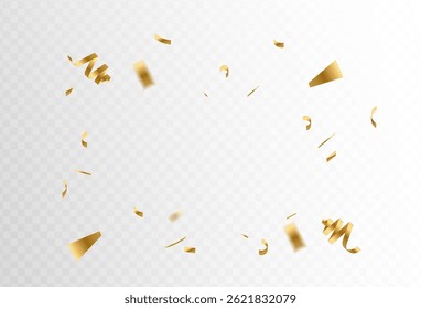 Confetti explosion on transparent background. Pieces of shiny gold paper flying and spreading. rotating ,simple design,vector illustration