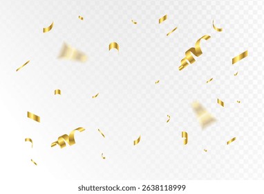 Confetti explosion on transparent background. Pieces of shiny gold paper flying and spreading. rotating. vector illustrations.EPS 10
