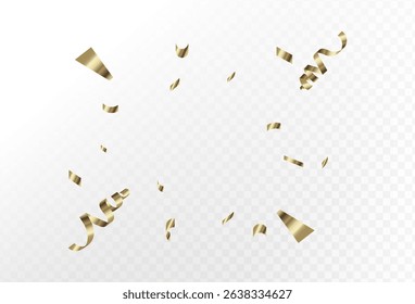 Confetti explosion on a transparent background. Shiny shiny golden paper pieces fly and spread around. Zoom effect. vector illustration
